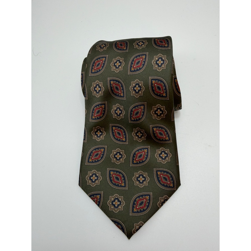 Oz Hatemoglu Mens Silk Tie Olive Green Geometric Medallion Hand Made Bursa 57in